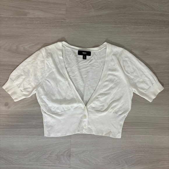 Mossimo Denim Sweaters - Mossimo White Cropped Cardigan Sweater Short Sleeve Button Front Women's L